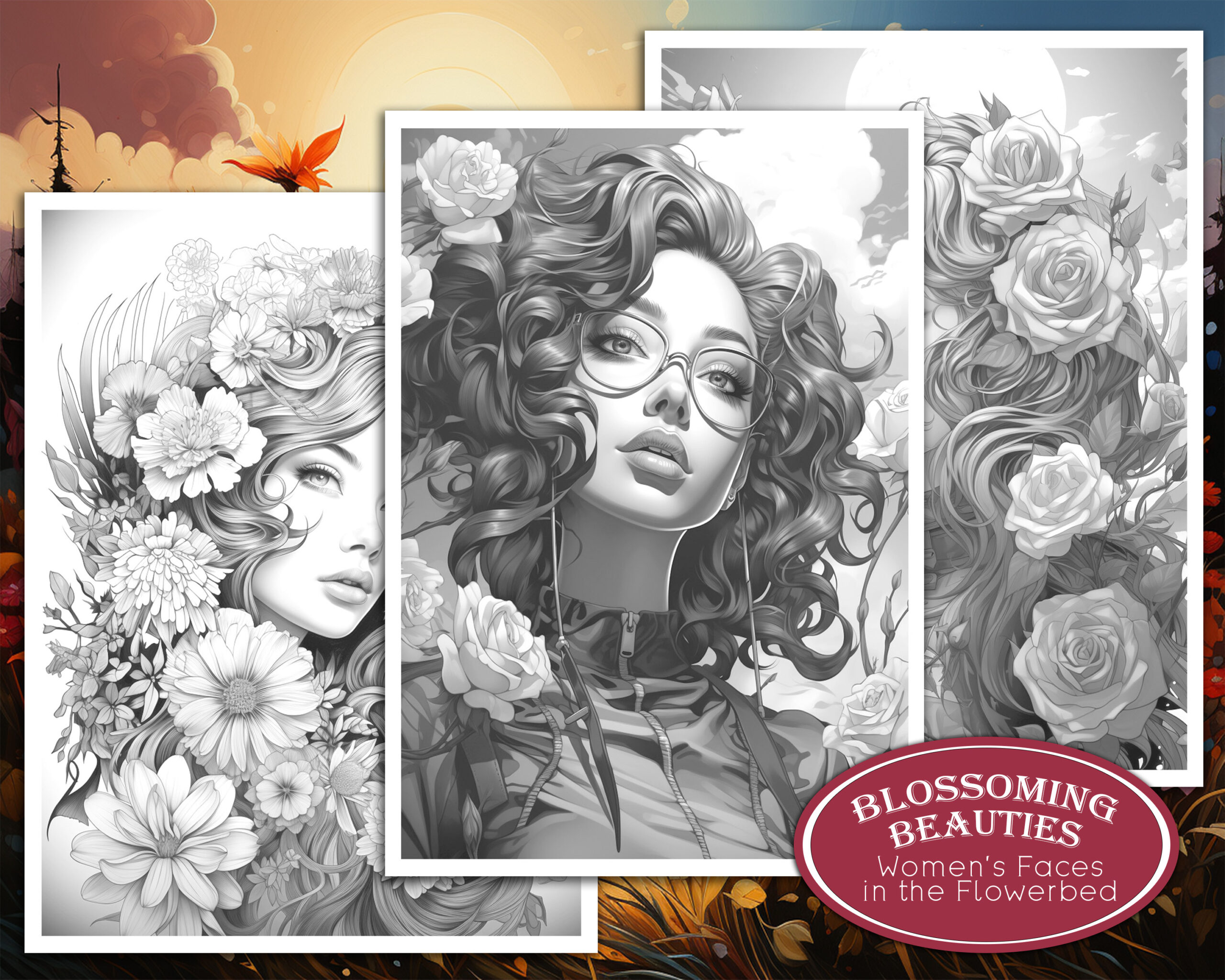 "Blossoming Beauty: Women's Faces in the Flowerbed" - Digital Greyscale Coloring Book